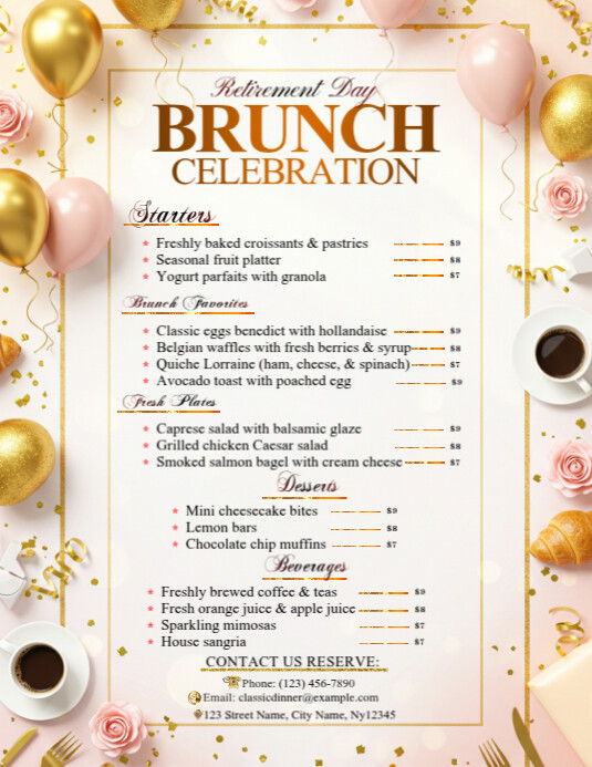 Retirement Menu. Example Retirement Brunch With Festive Style Template | PosterMyWall