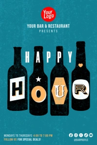 Retro Beer Bottles Happy Hour Bar Promo Poster Template Plakkaat