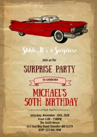 Retro car theme card invitation A6 template