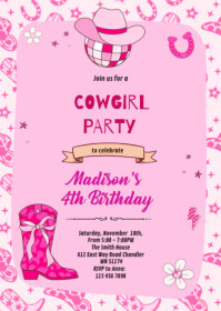 Retro cowgirl party invitation A6 template