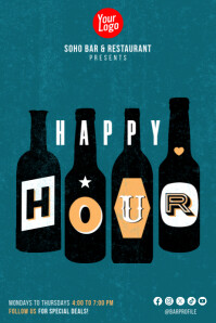 Retro Happy Hour Poster Bar & Restaurant Promo Flyer template