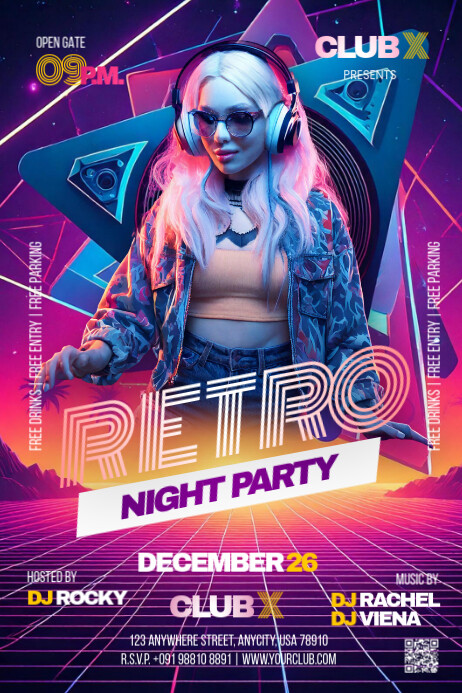 Retro Night Party Poster Flyer template