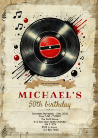 Retro vinyl birthday party invitation A6 template