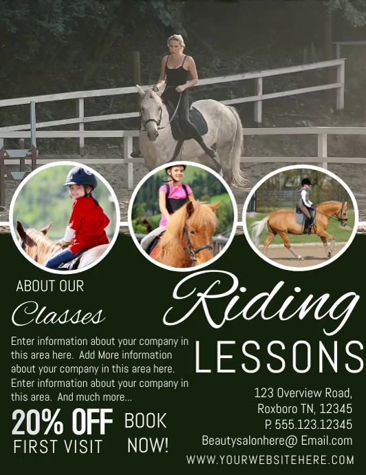 Riding Lesson Flier Example Green Riding Lessons Flyers Template | PosterMyWall