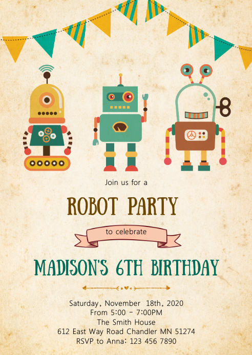 Robot birthday party invitation Template | PosterMyWall