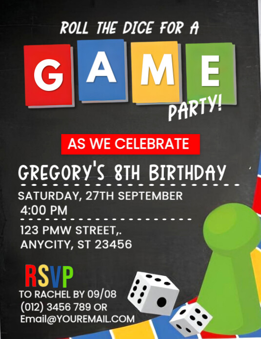 Roll the Dice! Editable Board Game Birthday Invitation Template (Printable Party Invite) Flyer (US Letter)