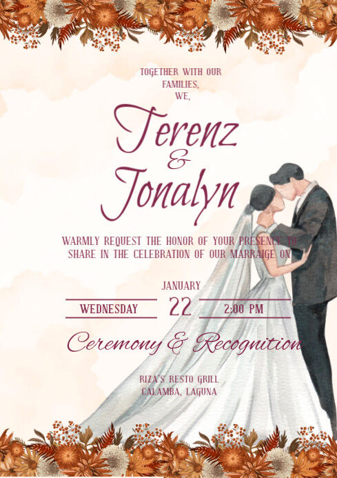 Romantic Floral Wedding Ceremony Invitation Template A4