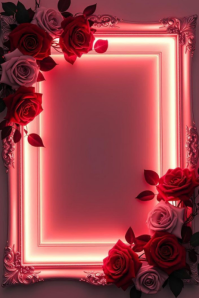 Romantic Neon Rose Frame  Elegant Glowing Floral Design Poster template