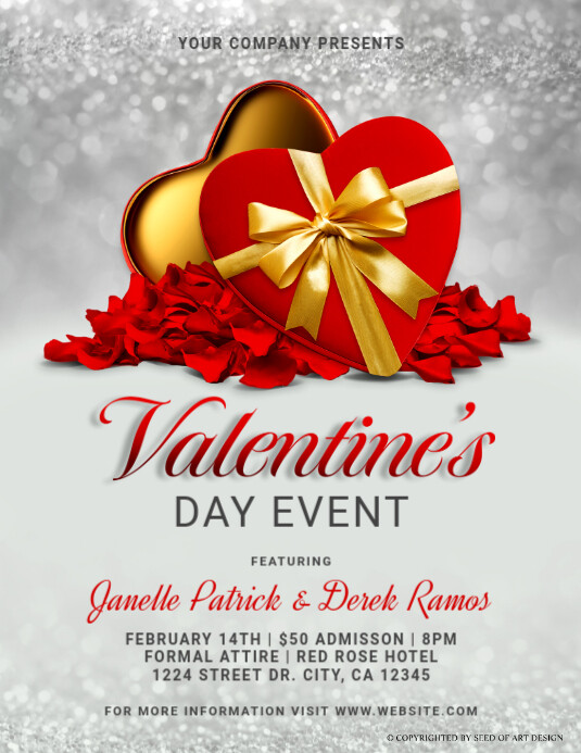Romantic Valentine's Day Event Red Gold Heart Box & Rose Petals Flyer template