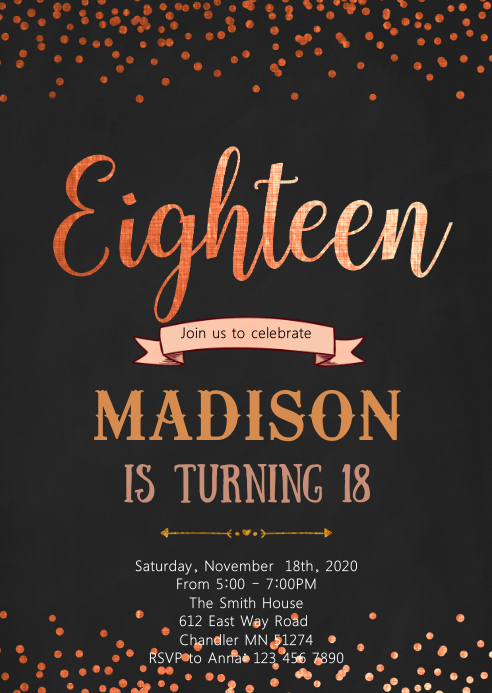 Rose gold foil 18th birthday invitation A6 template