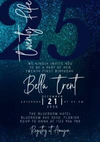 Royal blue glitter twenty-fife birthday invitation A5 template