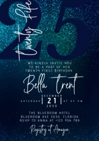 Royal Blue Glitter Twenty-Five Birthday Invitation – Elegant 25th Birthday Party A5 template
