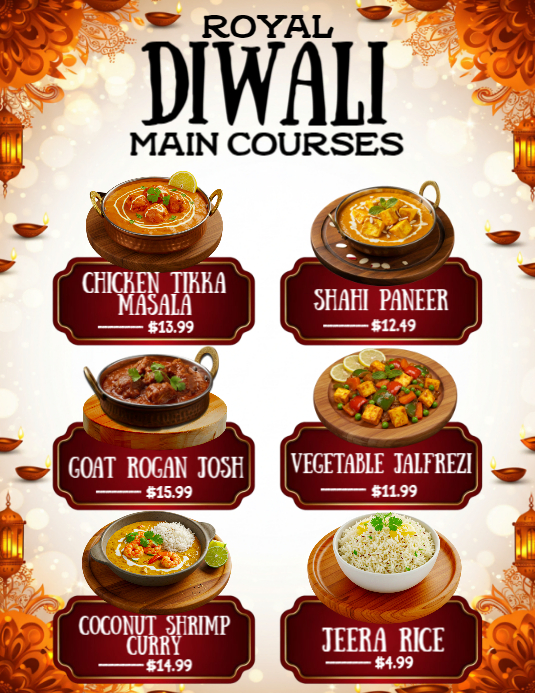 9 Course Menu Example Royal Diwali Main Course Menu Template | PosterMyWall