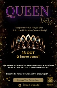 Royal Queen Party Flyer Template – Glam Gold Tiara Event Invite Tabloid size