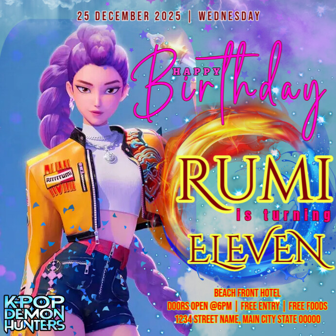 Rumi Demon Hunter Birthday Template Instagram Post | PosterMyWall