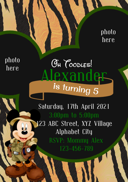 Safari Mickey Mouse Birthday Invitation A4 template