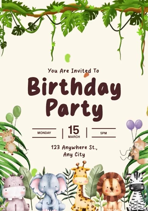 SAFARI THEME BIRTHDAY INVITATION CARD A4 template