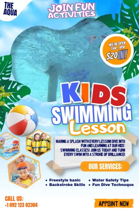 Safe, Fun & Professional Swimming for Children Poster template