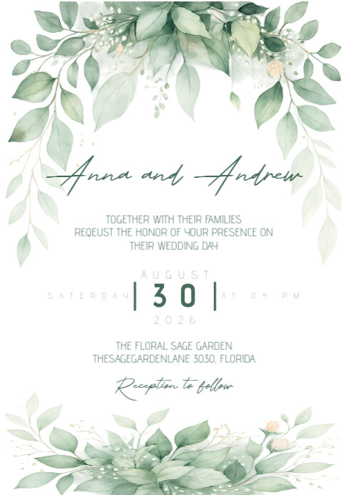 Sage greenery wedding invitation A5 template