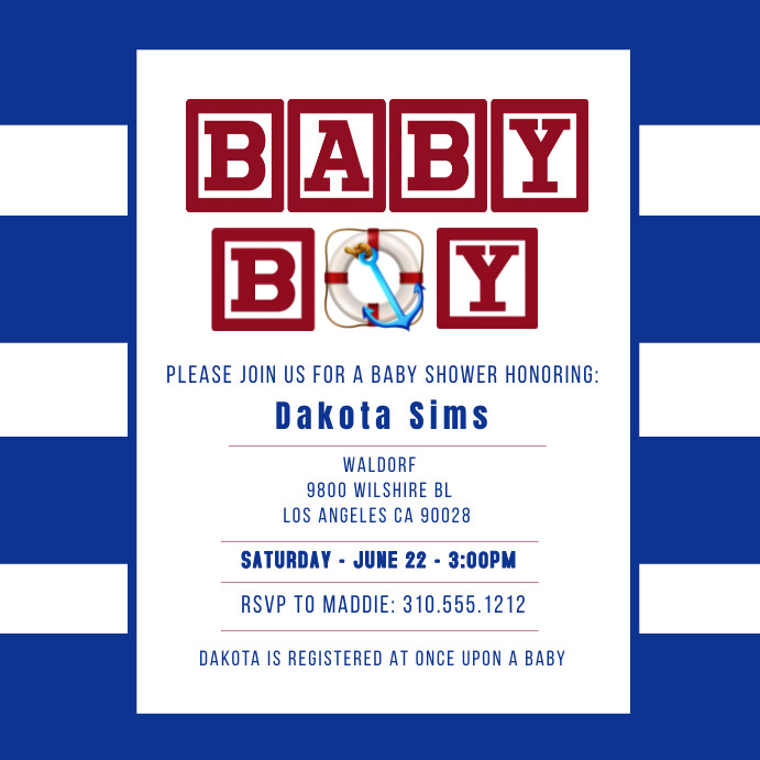 SAILOR NAUTICAL BABY SHOWER WHITE & BLUE STRI Instagram Post template