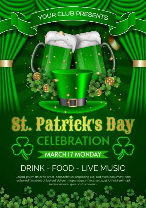 saint patrick's day celebration flyer with green beer mugs and hat A4 template
