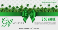 saint patrick's day gift voucher with green bow and ribbon and clovers and shamrocks template