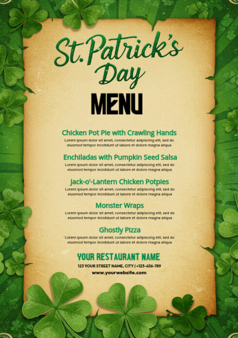 saint patrick's menu flyer A4 template
