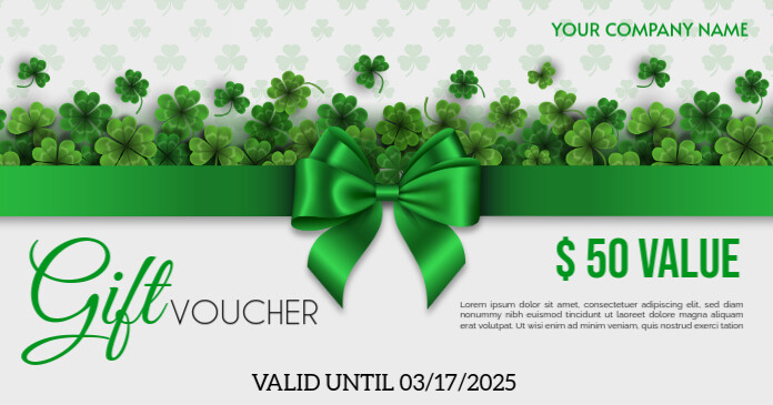 saint patrick's day gift voucher with green bow and ribbon and clovers and shamrocks Obraz udostępniany na Facebooku template