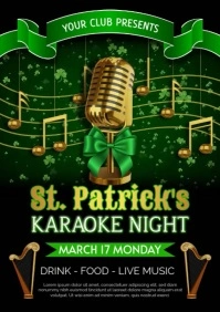 saint patrick's day karaoke night flyer with gold mic, harps and musical notes and clovers animation A4 template