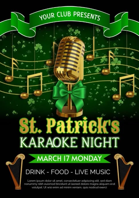 saint patrick's day karaoke night flyer with gold mic, harps and musical notes and clovers animation A4 template