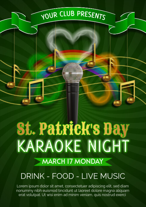 saint patrick's day karaoke night poster with mic and gold notes A4 template