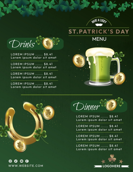 Saint Patrick's Day Menu Ads Løbeseddel (US Letter) template