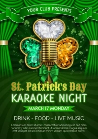 saint patrick's day pkaraoke night flyer with diamond clover, gold mic on animated clovers A4 template