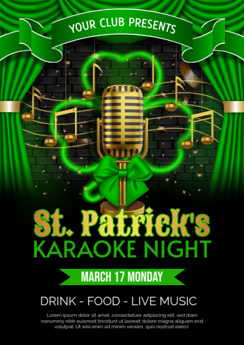 saint patrick's karaoke night flyer with vintage mic and gold musical notes A4 template