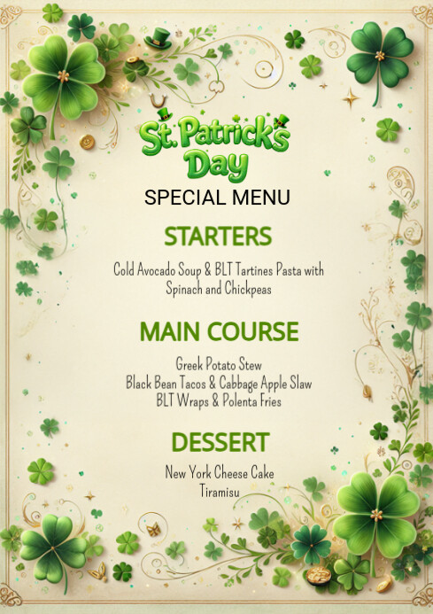 saint patrick's menu A4 template