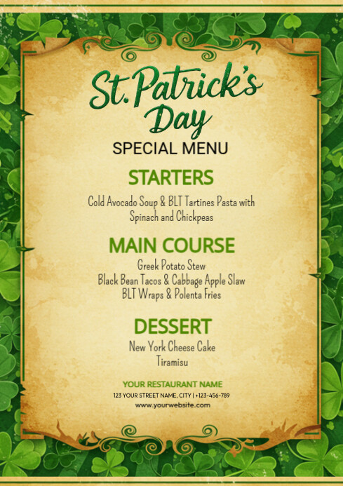 saint patrick's menu flyer Template | PosterMyWall