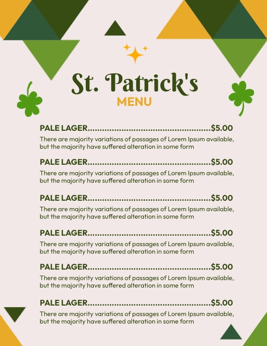 Saint Patrick's Menu Template Volantino (US Letter)