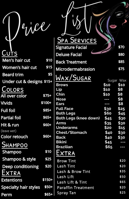 Salon Menu Example Salon menu Template | PosterMyWall