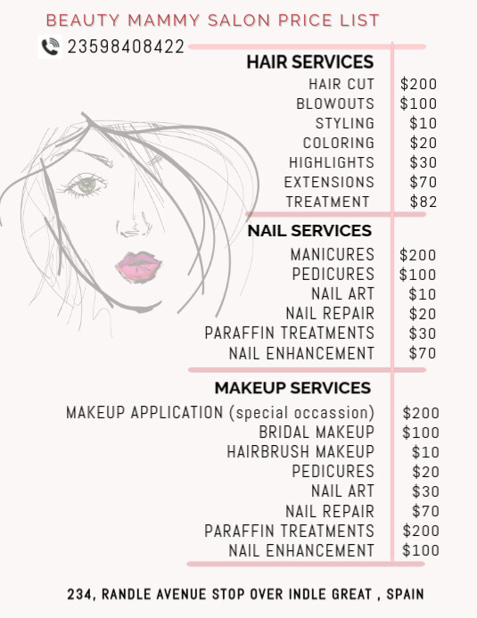 salon price list Flyer (US Letter) template