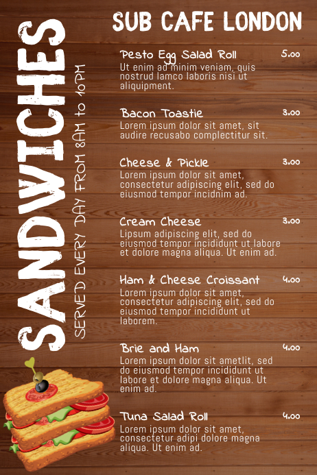 Sandwich Bar Snacks Menu Template Postermywall