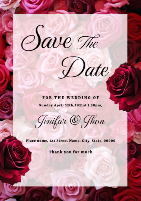 Save the date card rose floral background A5 template