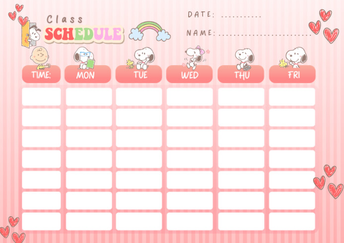 Snoopy Themed Daily Routine White Class Schedule A4 Template | PosterMyWall