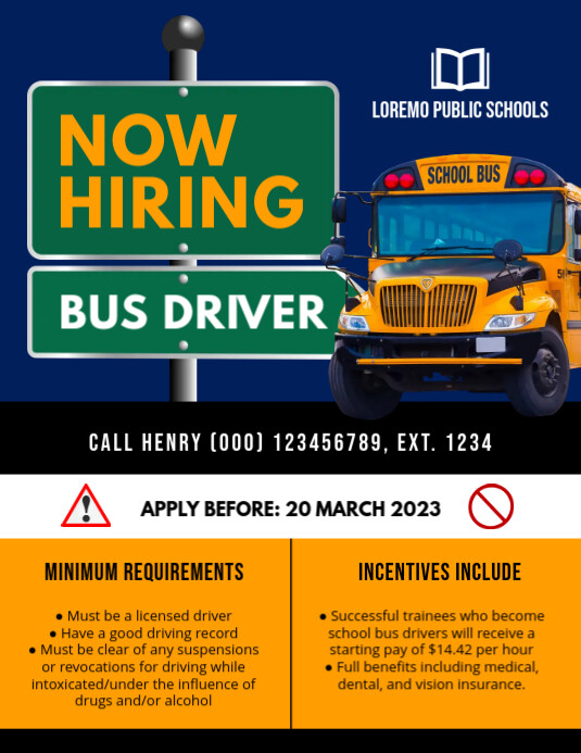 Bus Driver Advert Example School Bus Driver Hiring Template | PosterMyWall