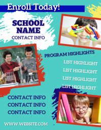 蓝绿色 School Enrollment Flyer Template