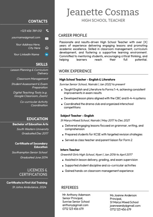 School teacher A4 resume template