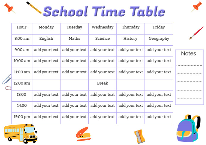 School time table Simple Editable A4 template