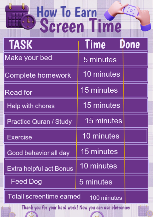 Plantilla de Screen Time Chart / Screen Time Reward Chart A4 | PosterMyWall