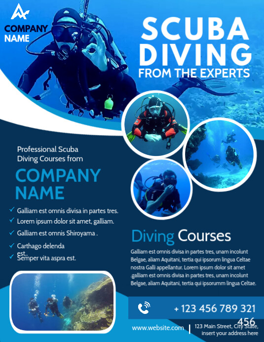 scuba diving flyer advertising light blue and Folder (US Letter) template