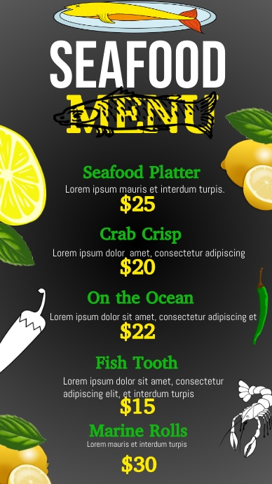 seafood, seafood menu, menu Display digitale (9:16) template