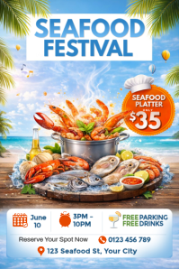 Seafood Festival Flyer Template | Beach Food Event Poster | Summer Seafood Party Promo | Restaurant Póster